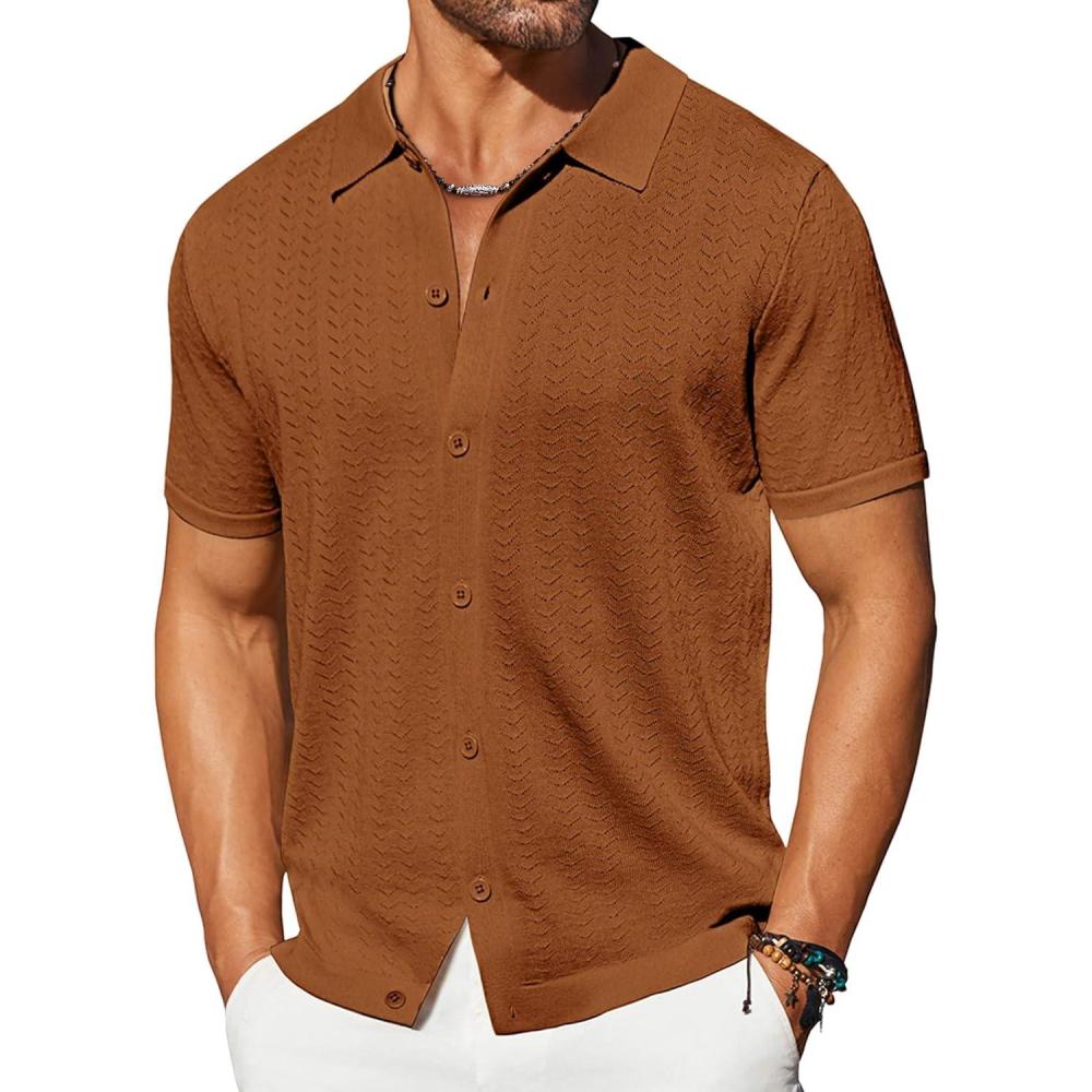 imageCOOFANDY Mens Knit Shirts Short Sleeve Casual Button Down Polo Shirt Summer Beach Vacation ShirtsBrown