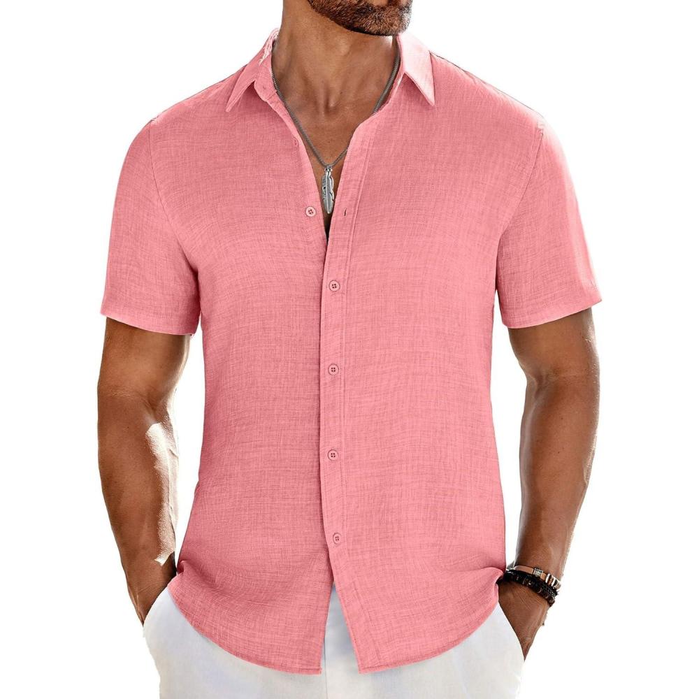 imageCOOFANDY Mens Knit Shirts Short Sleeve Casual Button Down Polo Shirt Summer Beach Vacation ShirtsChampagne Pink