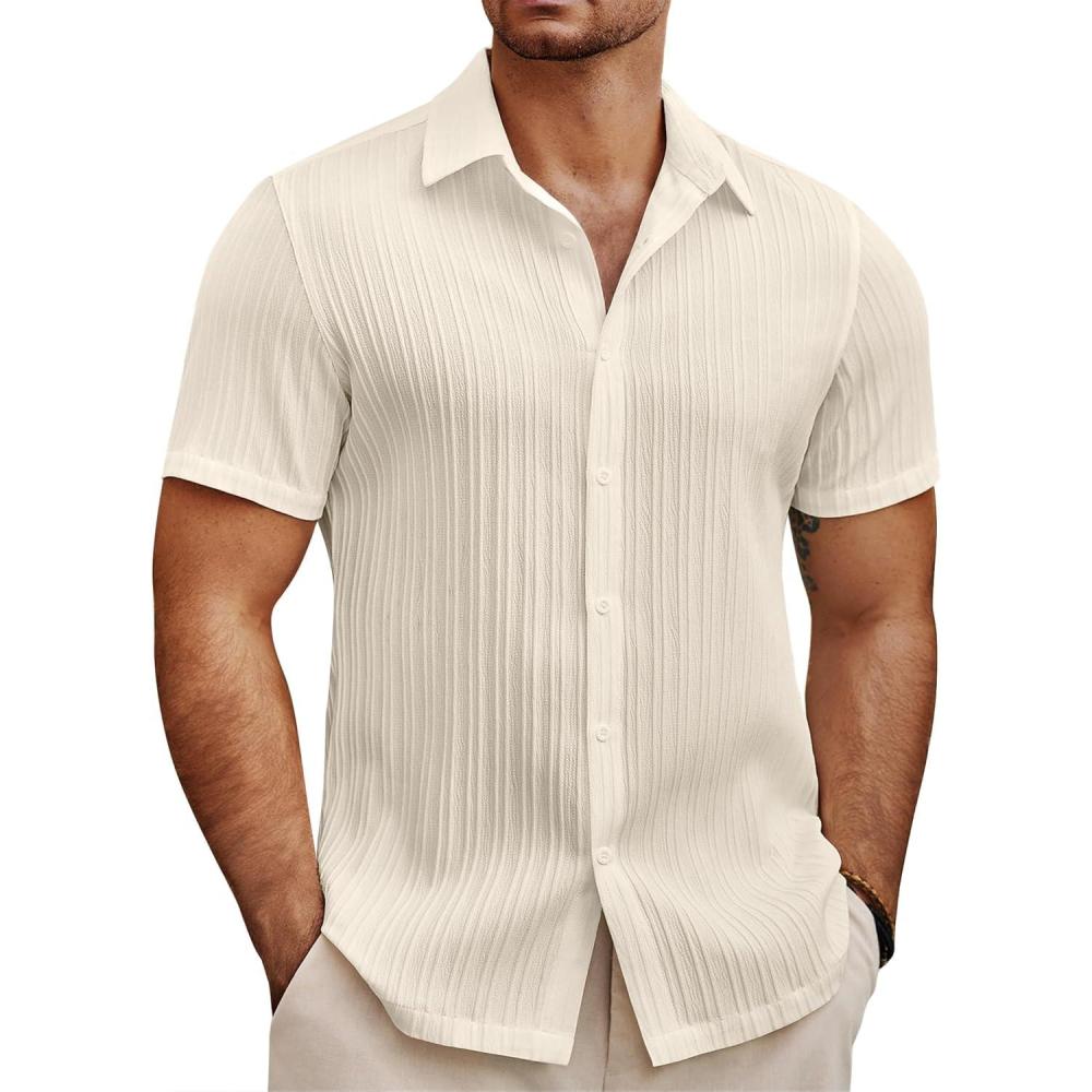 imageCOOFANDY Mens Knit Shirts Short Sleeve Casual Button Down Polo Shirt Summer Beach Vacation ShirtsCream