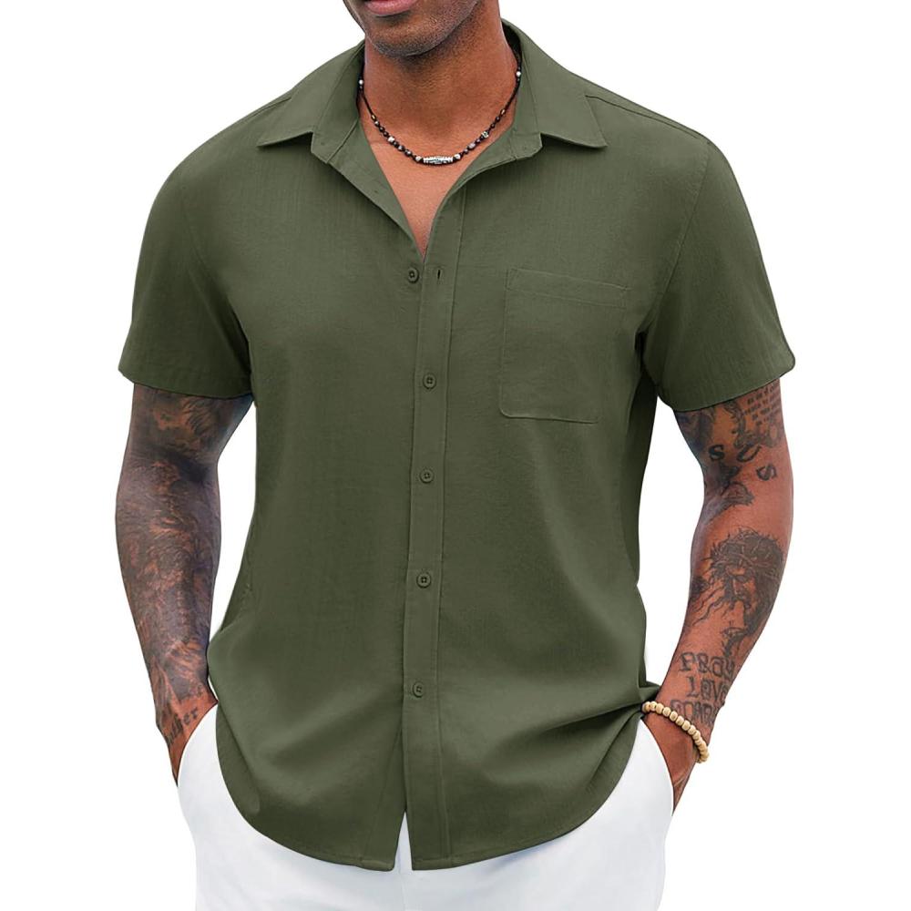 imageCOOFANDY Mens Knit Shirts Short Sleeve Casual Button Down Polo Shirt Summer Beach Vacation ShirtsDark Army Green