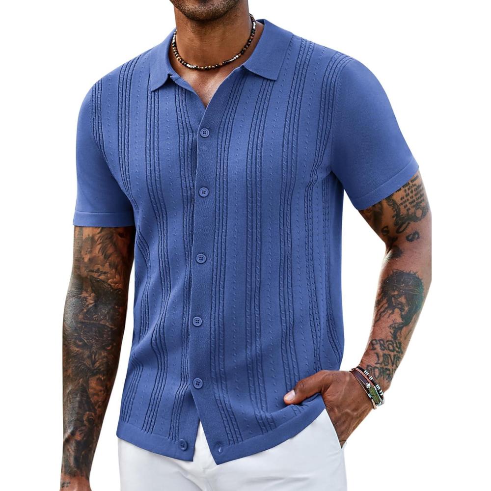 imageCOOFANDY Mens Knit Shirts Short Sleeve Casual Button Down Polo Shirt Summer Beach Vacation ShirtsDenim Blue