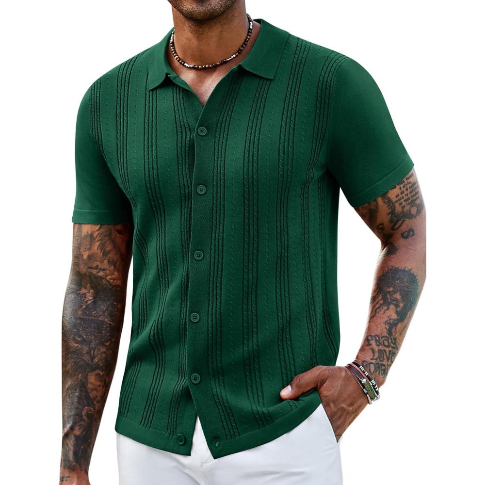 imageCOOFANDY Mens Knit Shirts Short Sleeve Casual Button Down Polo Shirt Summer Beach Vacation ShirtsGreen
