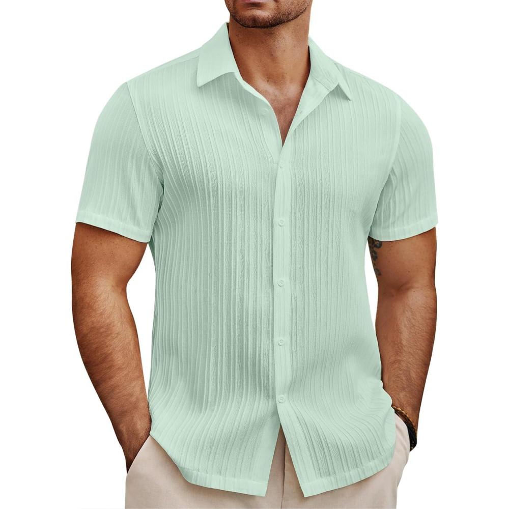 imageCOOFANDY Mens Knit Shirts Short Sleeve Casual Button Down Polo Shirt Summer Beach Vacation ShirtsIce Green