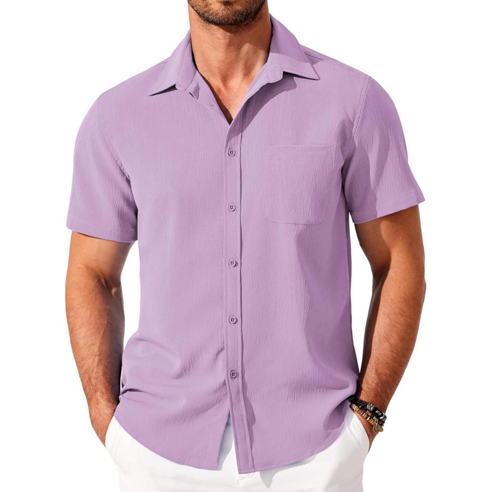 imageCOOFANDY Mens Knit Shirts Short Sleeve Casual Button Down Polo Shirt Summer Beach Vacation ShirtsLavender