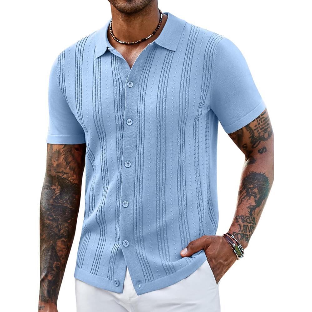imageCOOFANDY Mens Knit Shirts Short Sleeve Casual Button Down Polo Shirt Summer Beach Vacation ShirtsLight Blue