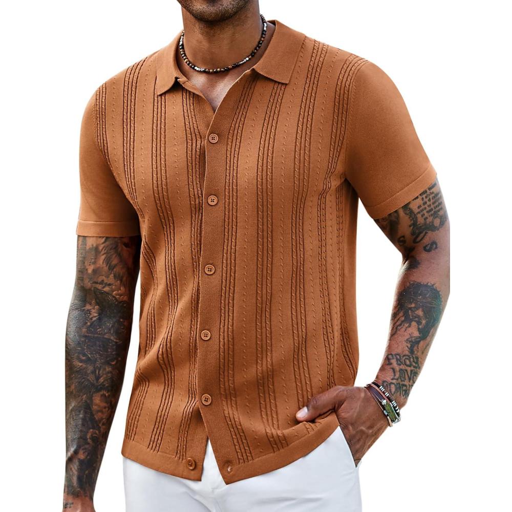 imageCOOFANDY Mens Knit Shirts Short Sleeve Casual Button Down Polo Shirt Summer Beach Vacation ShirtsLight Brown