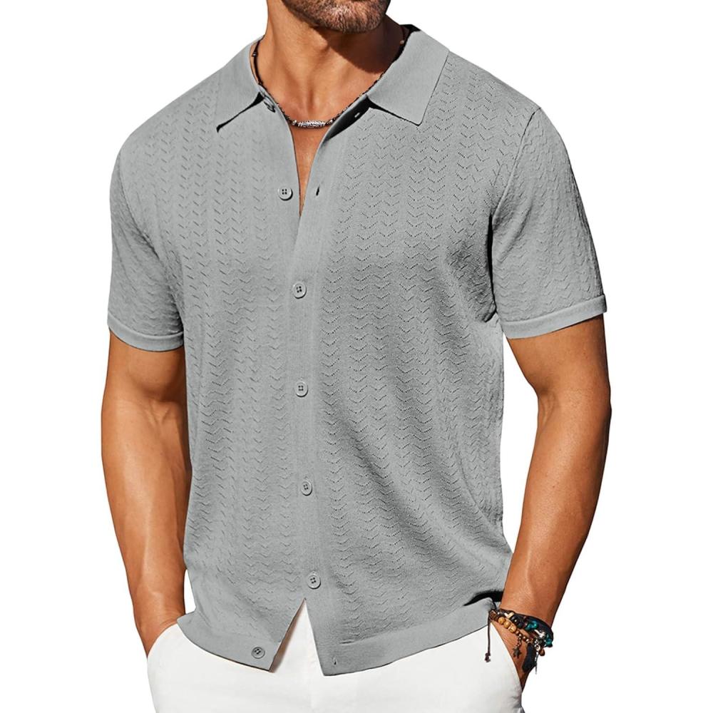 imageCOOFANDY Mens Knit Shirts Short Sleeve Casual Button Down Polo Shirt Summer Beach Vacation ShirtsLight Gray