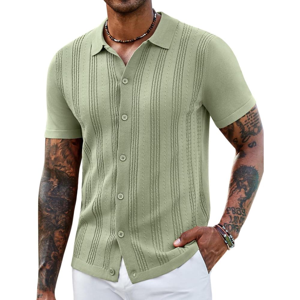 imageCOOFANDY Mens Knit Shirts Short Sleeve Casual Button Down Polo Shirt Summer Beach Vacation ShirtsLight Green