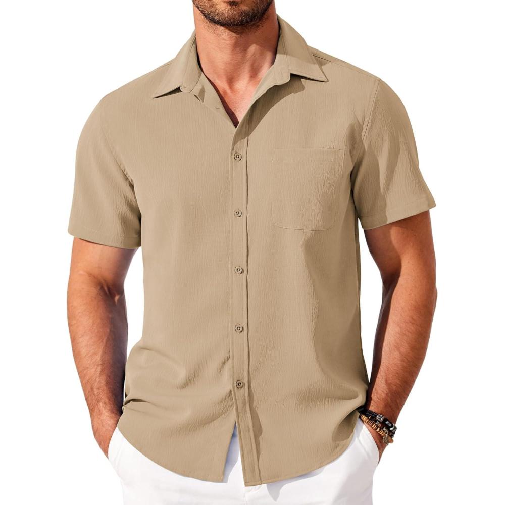 imageCOOFANDY Mens Knit Shirts Short Sleeve Casual Button Down Polo Shirt Summer Beach Vacation ShirtsLight Khaki