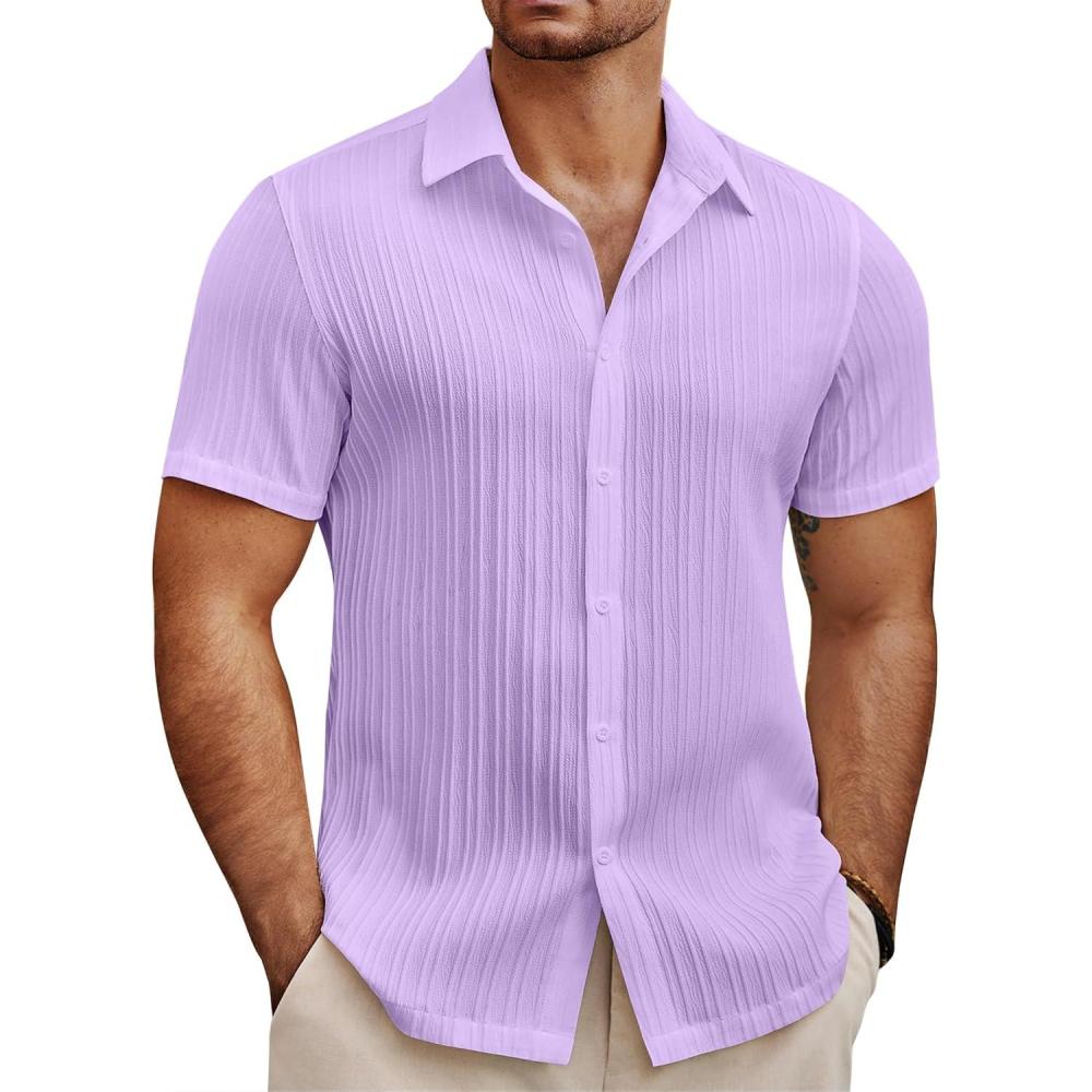 imageCOOFANDY Mens Knit Shirts Short Sleeve Casual Button Down Polo Shirt Summer Beach Vacation ShirtsLight Purple