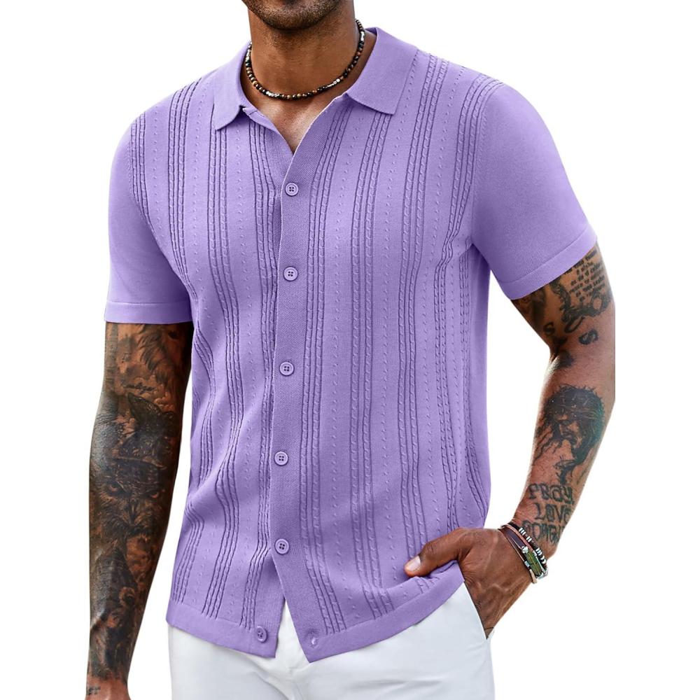 imageCOOFANDY Mens Knit Shirts Short Sleeve Casual Button Down Polo Shirt Summer Beach Vacation ShirtsLilac