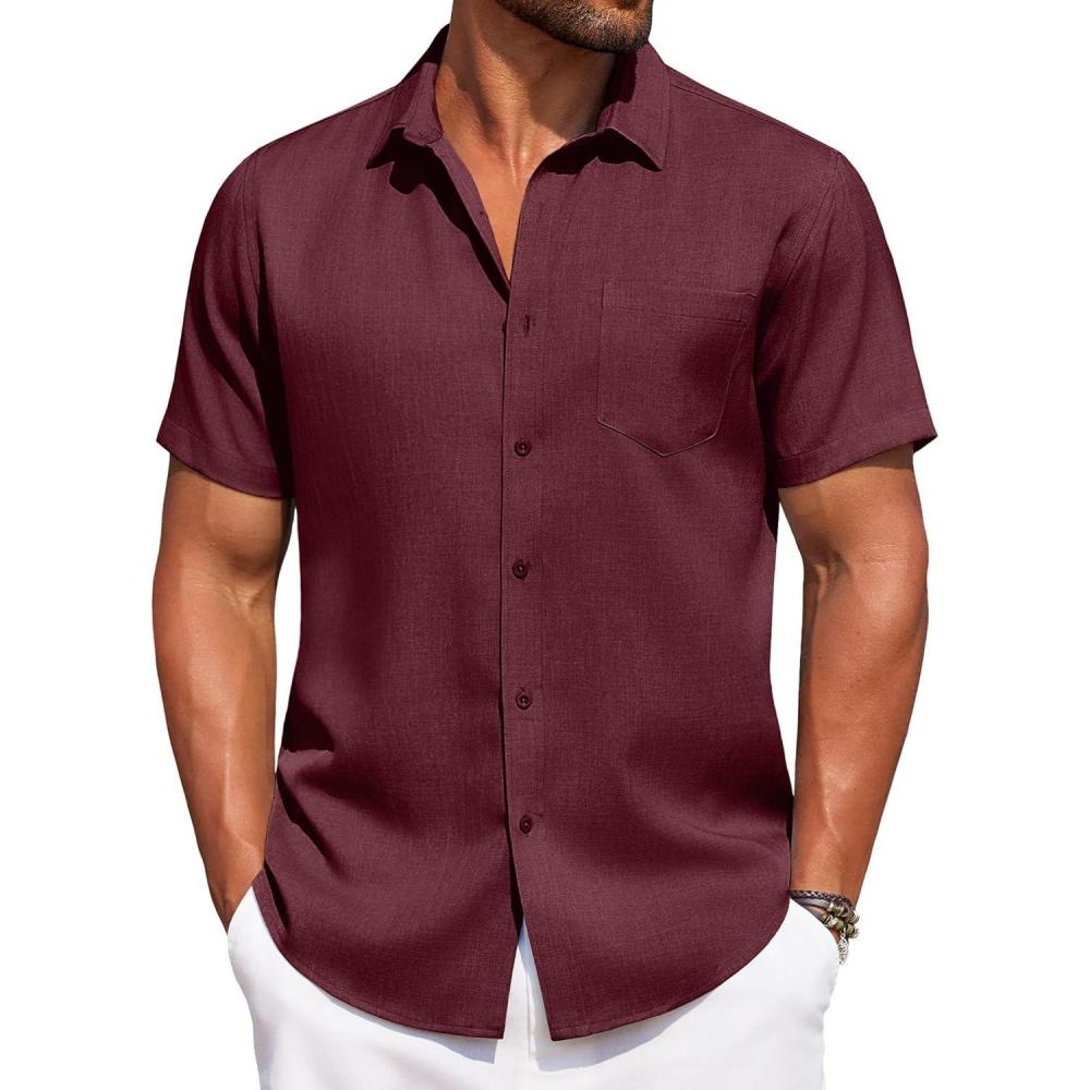 imageCOOFANDY Mens Knit Shirts Short Sleeve Casual Button Down Polo Shirt Summer Beach Vacation ShirtsMaroon Red
