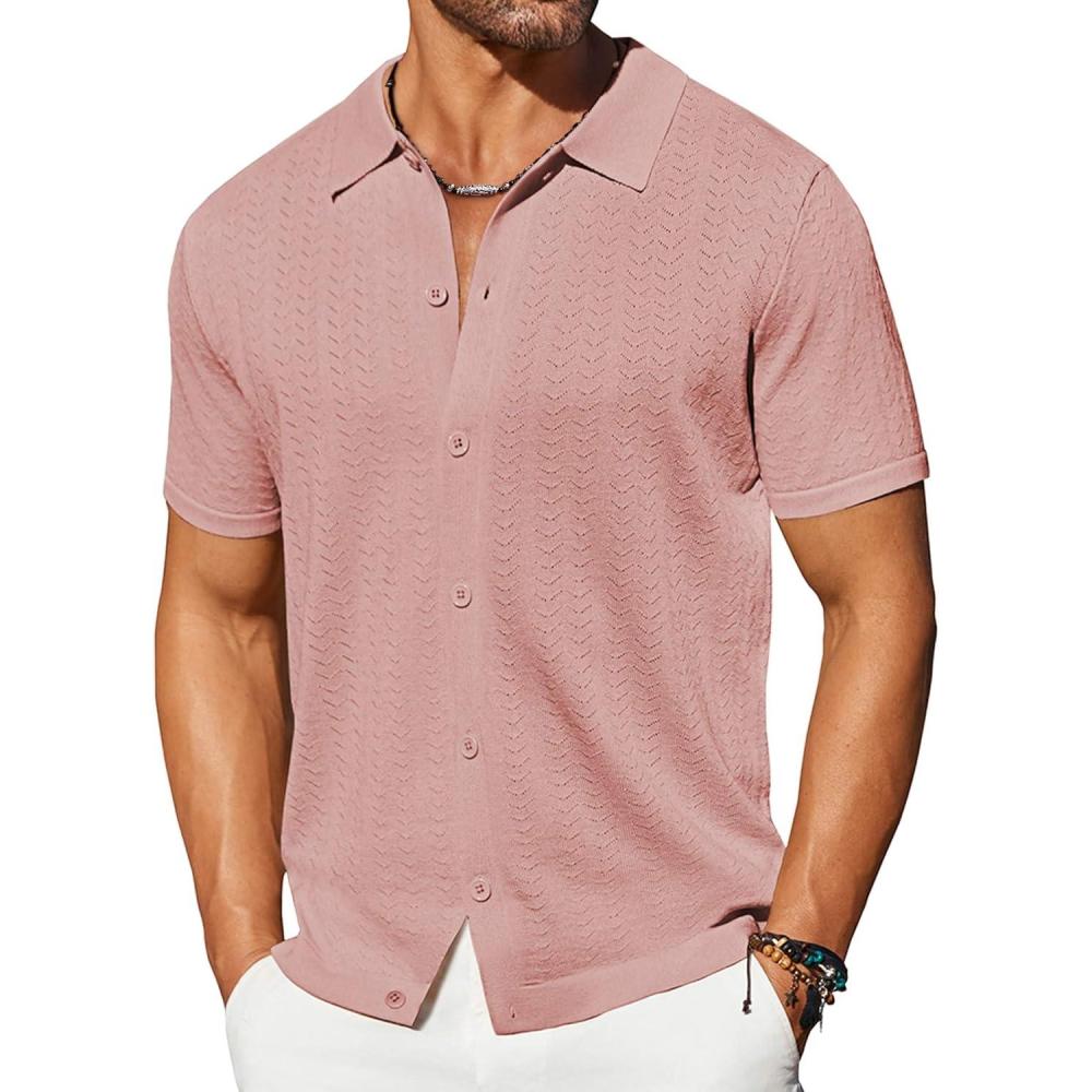 imageCOOFANDY Mens Knit Shirts Short Sleeve Casual Button Down Polo Shirt Summer Beach Vacation ShirtsPink