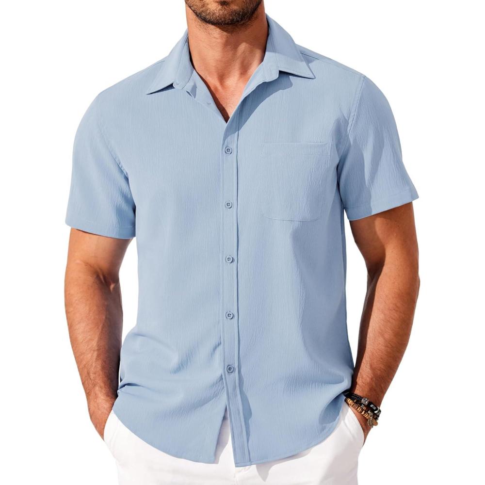 imageCOOFANDY Mens Knit Shirts Short Sleeve Casual Button Down Polo Shirt Summer Beach Vacation ShirtsSky Blue