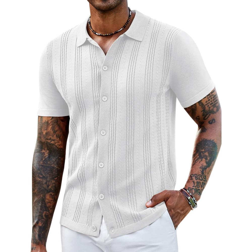 imageCOOFANDY Mens Knit Shirts Short Sleeve Casual Button Down Polo Shirt Summer Beach Vacation ShirtsWhite