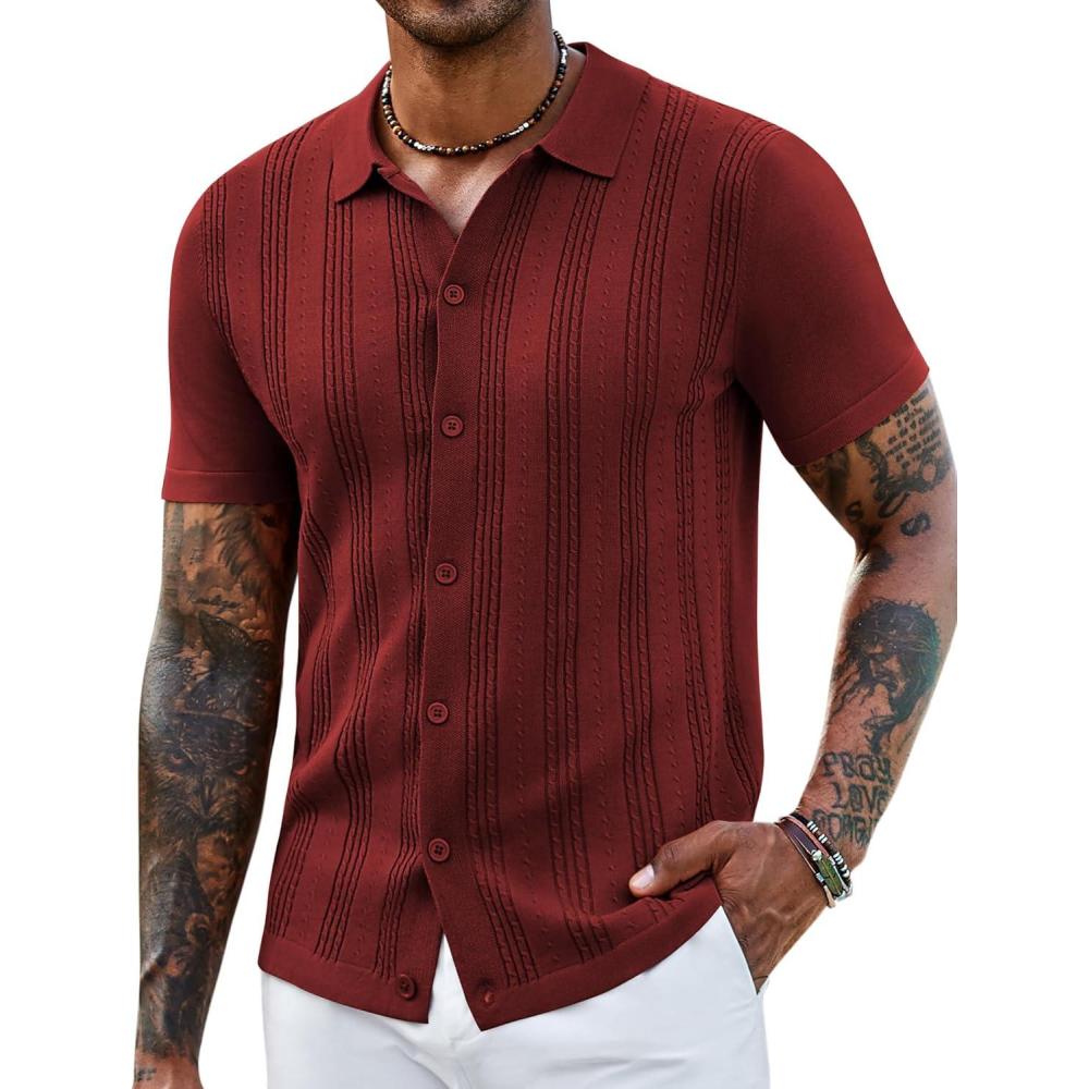 imageCOOFANDY Mens Knit Shirts Short Sleeve Casual Button Down Polo Shirt Summer Beach Vacation ShirtsWine Red