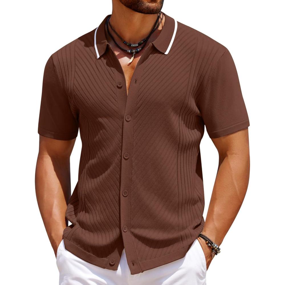 imageCOOFANDY Mens Knit Short Sleeve Button Down Shirt Vintage Polo Shirt Casual Summer Beach ShirtsAcorn