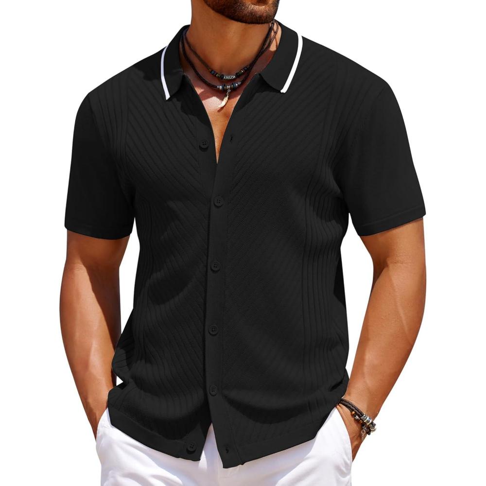 imageCOOFANDY Mens Knit Short Sleeve Button Down Shirt Vintage Polo Shirt Casual Summer Beach ShirtsBlack