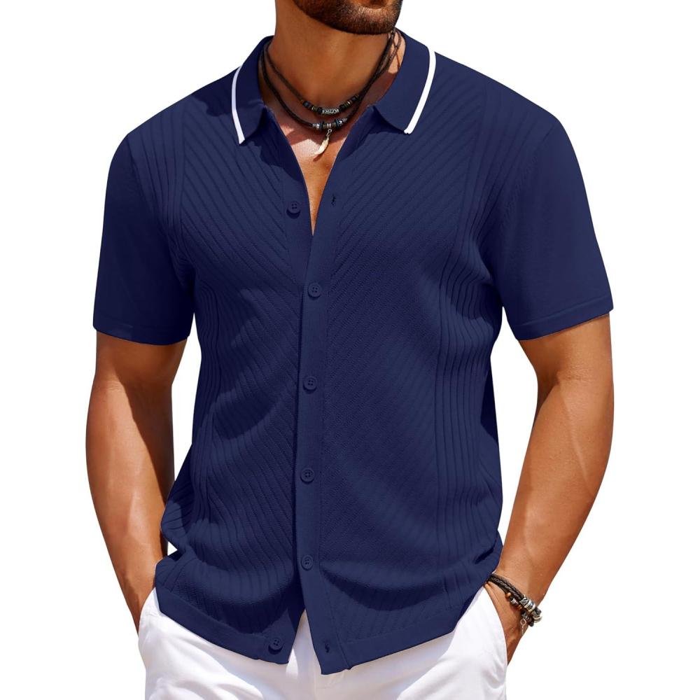 imageCOOFANDY Mens Knit Short Sleeve Button Down Shirt Vintage Polo Shirt Casual Summer Beach ShirtsBlack Iris