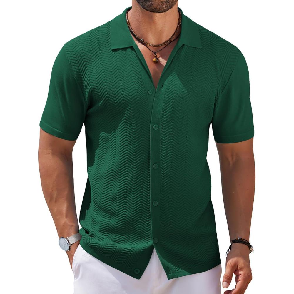 imageCOOFANDY Mens Knit Short Sleeve Button Down Shirt Vintage Polo Shirt Casual Summer Beach ShirtsEvergreen