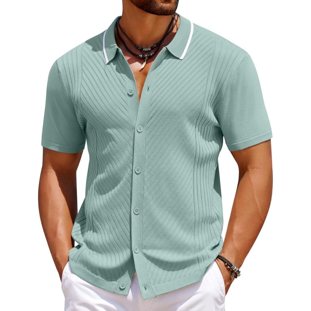 imageCOOFANDY Mens Knit Short Sleeve Button Down Shirt Vintage Polo Shirt Casual Summer Beach ShirtsGossamer Green