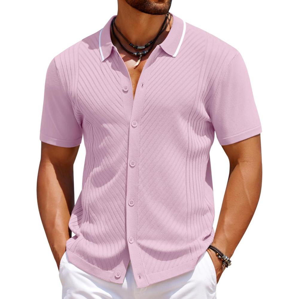 imageCOOFANDY Mens Knit Short Sleeve Button Down Shirt Vintage Polo Shirt Casual Summer Beach ShirtsIcy Pink