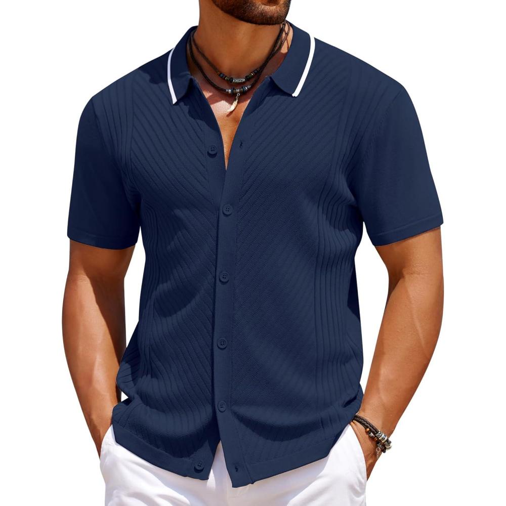imageCOOFANDY Mens Knit Short Sleeve Button Down Shirt Vintage Polo Shirt Casual Summer Beach ShirtsMedieval Blue