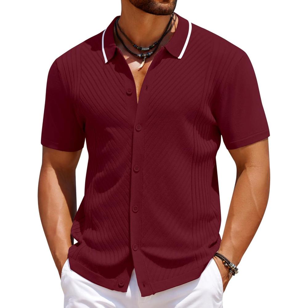 imageCOOFANDY Mens Knit Short Sleeve Button Down Shirt Vintage Polo Shirt Casual Summer Beach ShirtsRed Dahlia