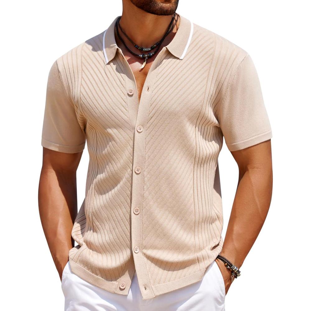 imageCOOFANDY Mens Knit Short Sleeve Button Down Shirt Vintage Polo Shirt Casual Summer Beach ShirtsSesame