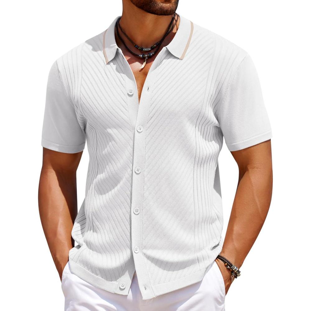 imageCOOFANDY Mens Knit Short Sleeve Button Down Shirt Vintage Polo Shirt Casual Summer Beach ShirtsWhite
