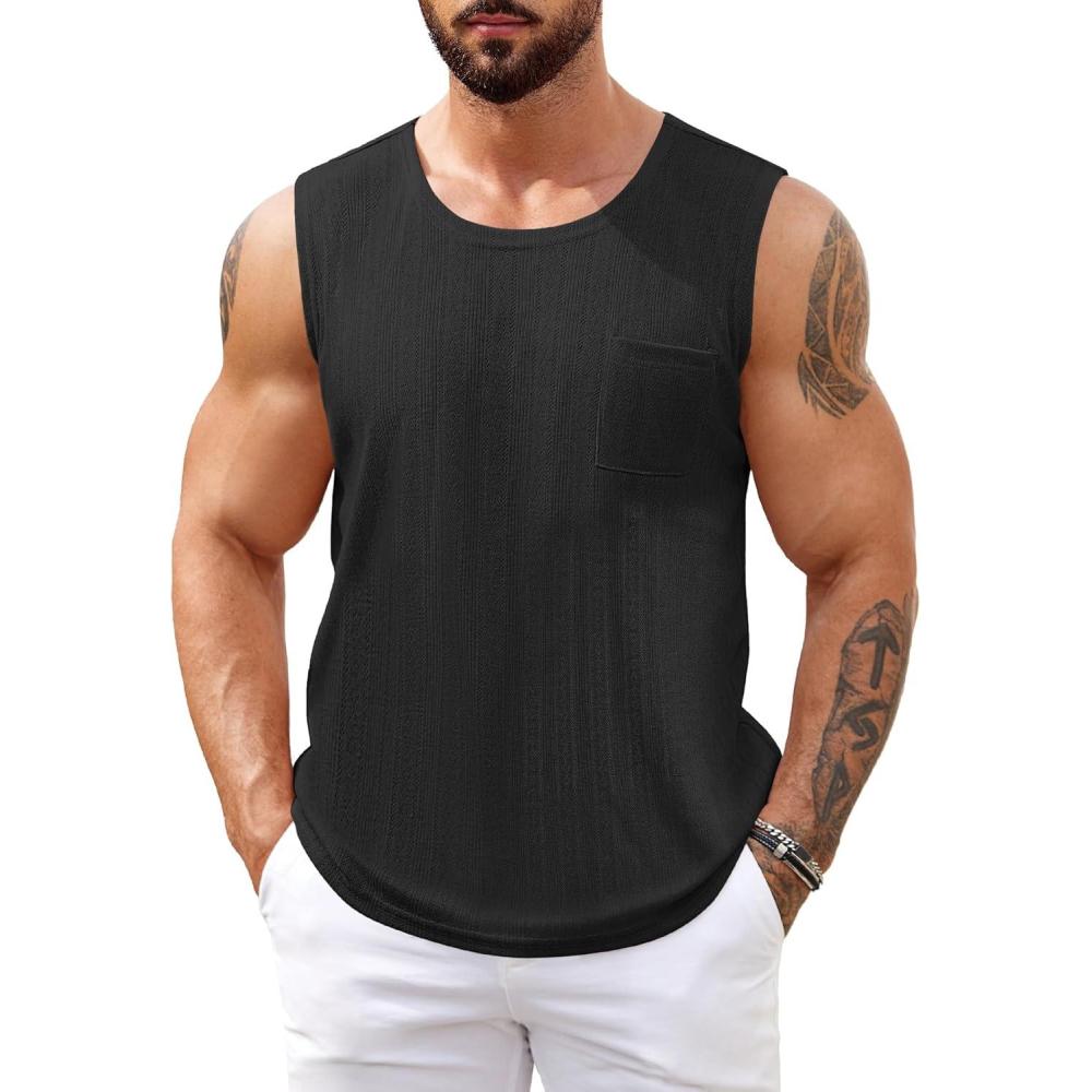imageCOOFANDY Mens Knit Tank Tops Casual Sleeveless T Shirts Beach Tank Shirts with PocketBlack
