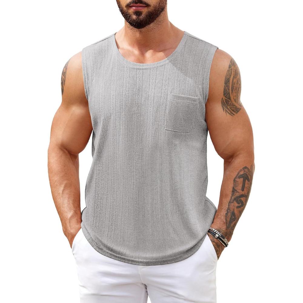 imageCOOFANDY Mens Knit Tank Tops Casual Sleeveless T Shirts Beach Tank Shirts with PocketLight Grey