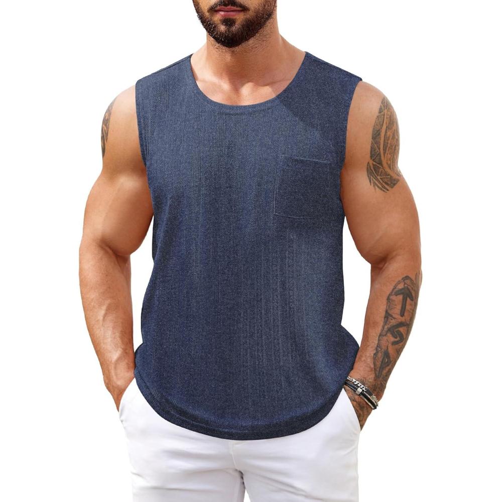 imageCOOFANDY Mens Knit Tank Tops Casual Sleeveless T Shirts Beach Tank Shirts with PocketNavy
