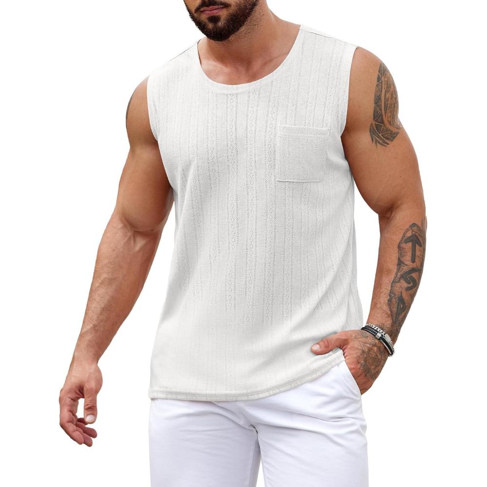 imageCOOFANDY Mens Knit Tank Tops Casual Sleeveless T Shirts Beach Tank Shirts with PocketWhite