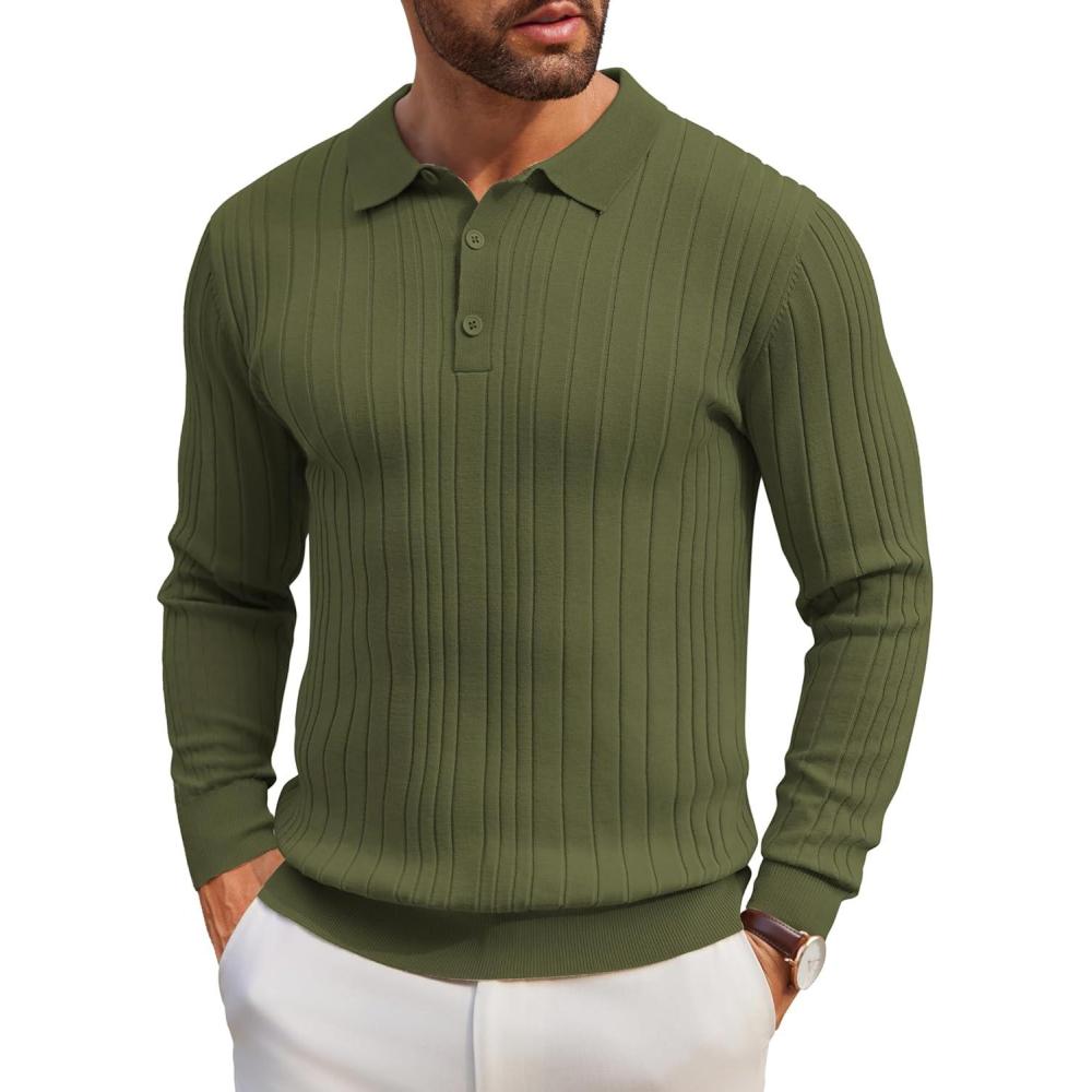 imageCOOFANDY Mens Knitted Polo Neck Long Sleeve Winter Thermal Casual SweaterArmy Green