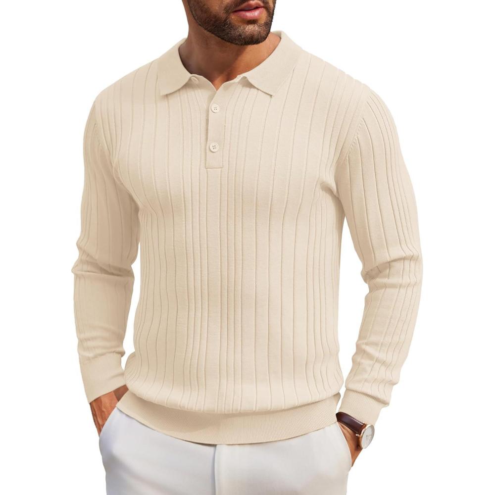 imageCOOFANDY Mens Knitted Polo Neck Long Sleeve Winter Thermal Casual SweaterBeige