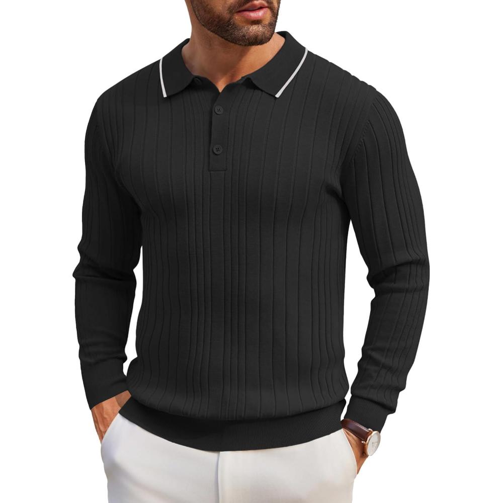 imageCOOFANDY Mens Knitted Polo Neck Long Sleeve Winter Thermal Casual SweaterBlack  White Edge