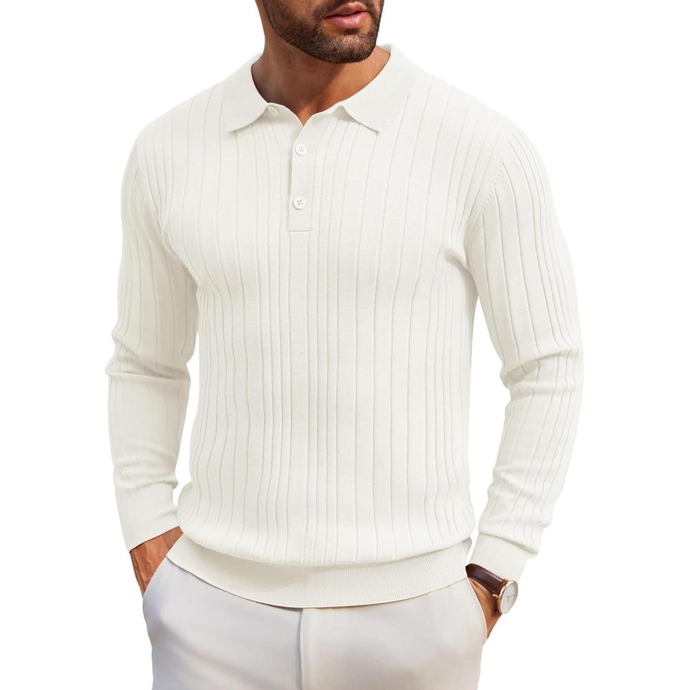 imageCOOFANDY Mens Knitted Polo Neck Long Sleeve Winter Thermal Casual SweaterIvory