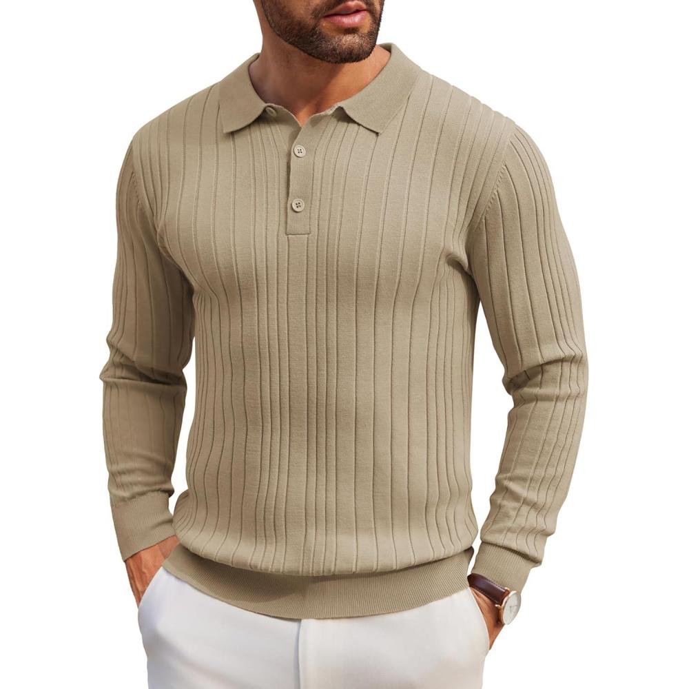 imageCOOFANDY Mens Knitted Polo Neck Long Sleeve Winter Thermal Casual SweaterKhaki