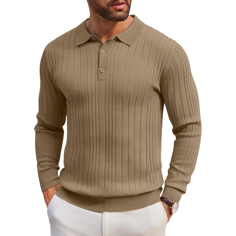 imageCOOFANDY Mens Knitted Polo Neck Long Sleeve Winter Thermal Casual SweaterLight Brown