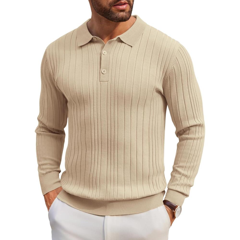 imageCOOFANDY Mens Knitted Polo Neck Long Sleeve Winter Thermal Casual SweaterLight Khaki