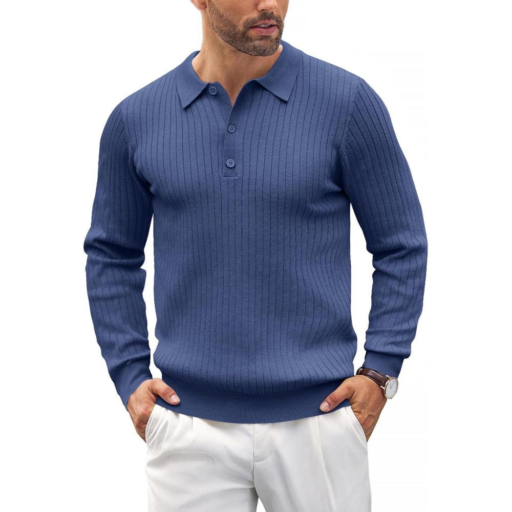 imageCOOFANDY Mens Knitted Polo Neck Long Sleeve Winter Thermal Casual SweaterRibbed Blue