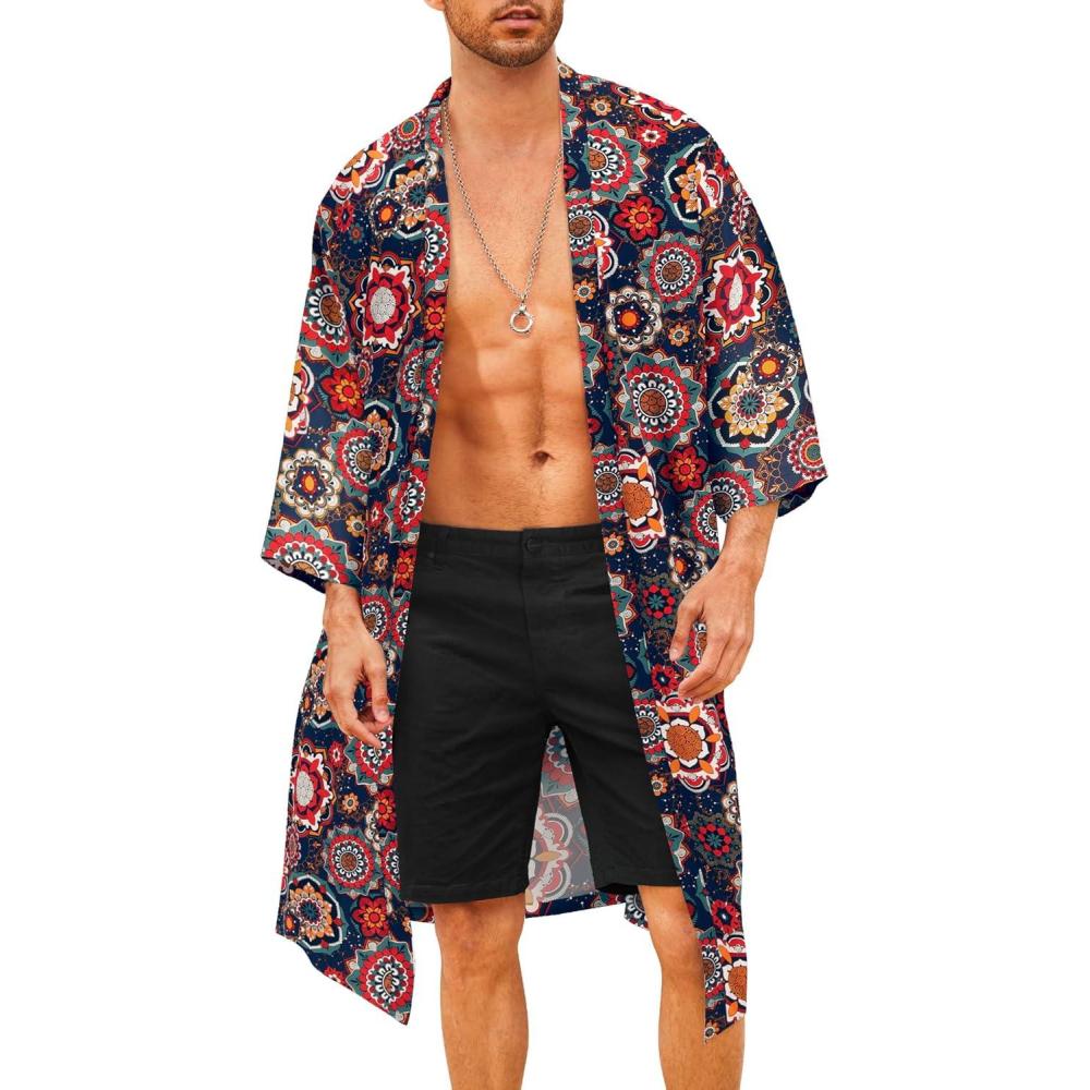 imageCOOFANDY Mens Lightweight Kimono Robe Jacket Printed Japanese Style Bathrobes Casual Open Front Long Cardigan Coat OutwearBlue Red Ethnic Style