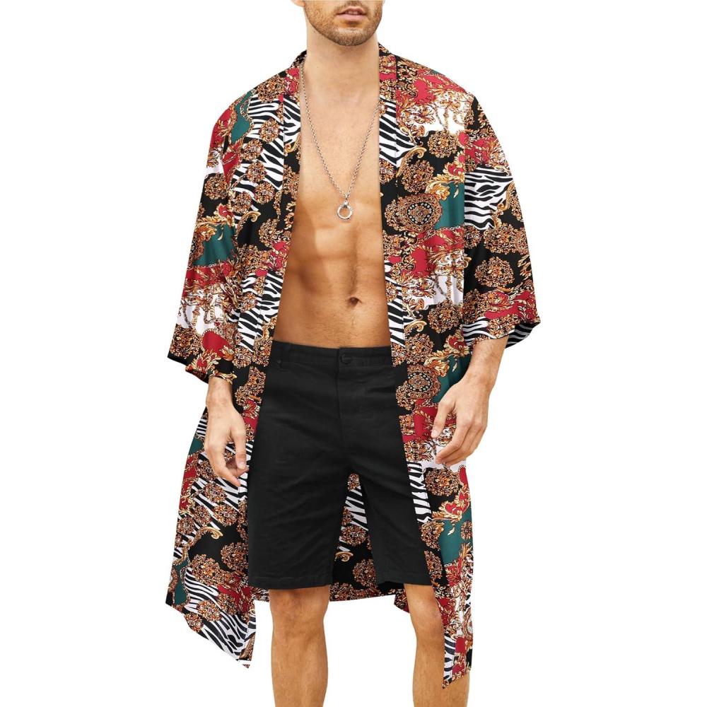 imageCOOFANDY Mens Lightweight Kimono Robe Jacket Printed Japanese Style Bathrobes Casual Open Front Long Cardigan Coat OutwearRedluxury Print