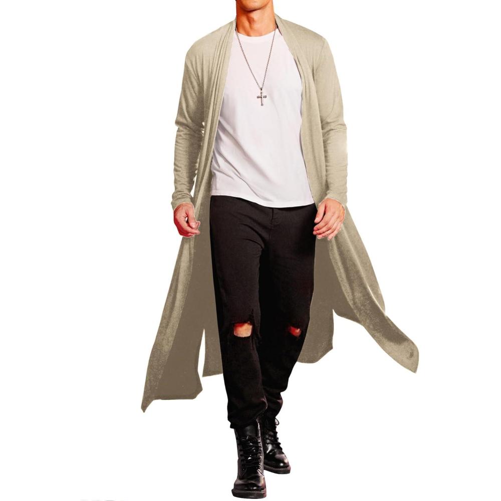 imageCOOFANDY Mens Lightweight Ruffle Shawl Collar Cardigan Open Front Long Length Drape Cape OvercoatMoon Grey