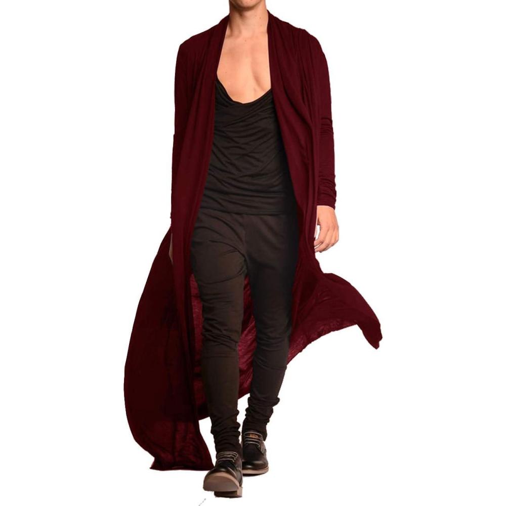 imageCOOFANDY Mens Lightweight Ruffle Shawl Collar Cardigan Open Front Long Length Drape Cape OvercoatWine Red