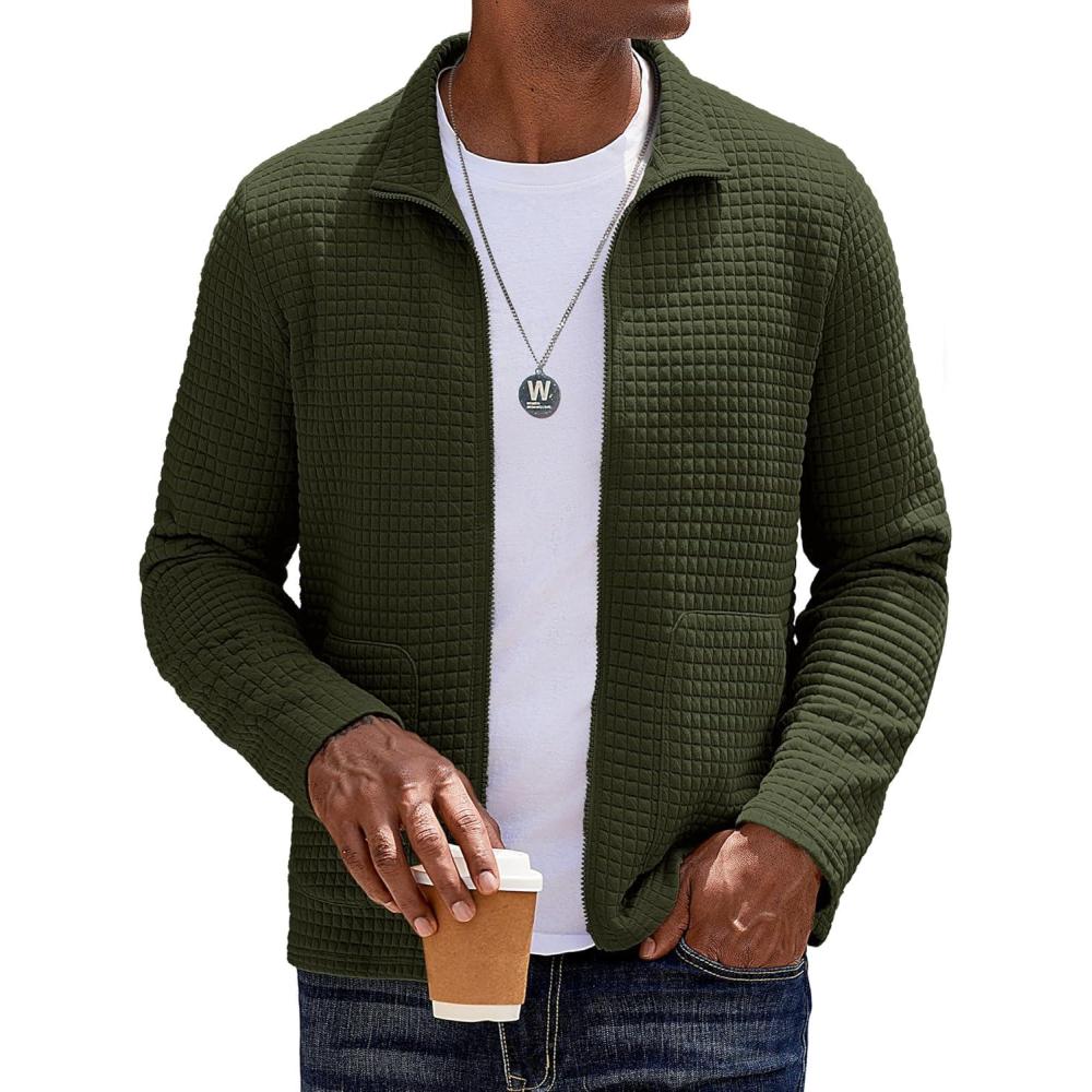 imageCOOFANDY Mens Lightweight Varsity Jacket Casual Bomber Jackets Waffle Zip Up Sweatshirts with PocketArmy Green