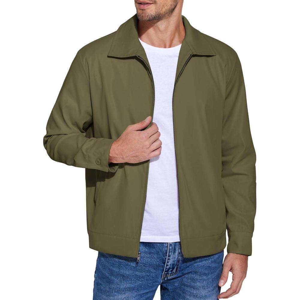 imageCOOFANDY Mens Lightweight Zip Up Jacket Eisenhower Work Office Jackets Casual Golf OutwearArmy Green