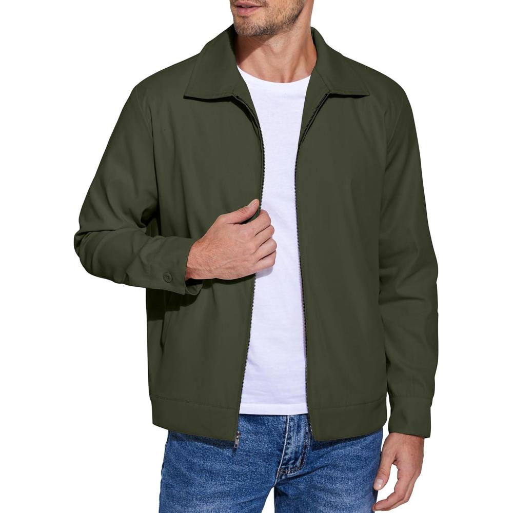 imageCOOFANDY Mens Lightweight Zip Up Jacket Eisenhower Work Office Jackets Casual Golf OutwearDark Army Green
