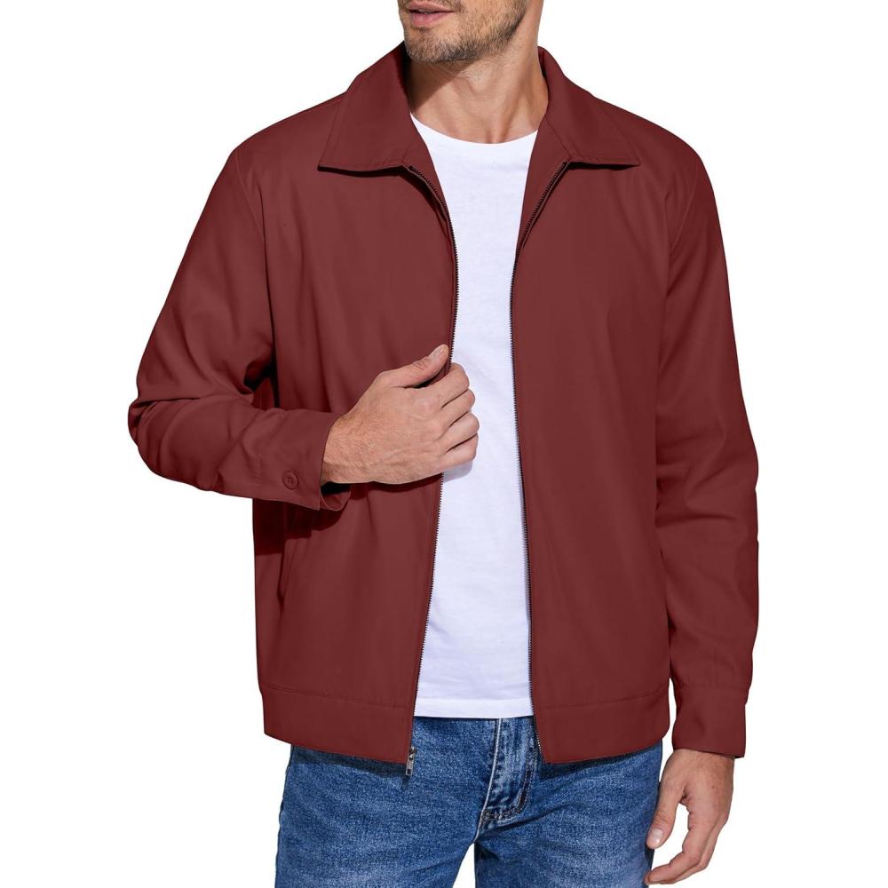 imageCOOFANDY Mens Lightweight Zip Up Jacket Eisenhower Work Office Jackets Casual Golf OutwearWine Red
